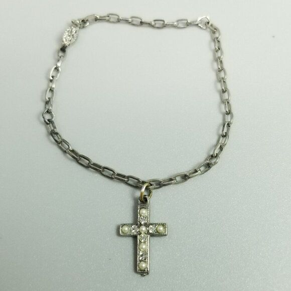 Vintage Rhinestone Cross Charm Bracelet, Silver Tone, Clasp Marked Ster - Picture 2 of 7
